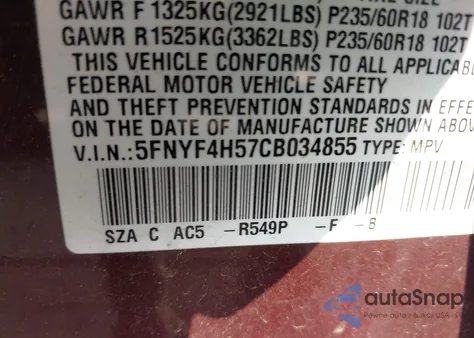 2012 Honda Pilot Ex-L z USA, uszkodzony, nr VIN 5FNYF4H57CB034855